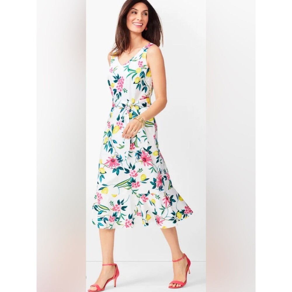 Talbots RSVP Lively Floral Lemon Fit & Flare Midi Dress Tropical Summer Preppy 6